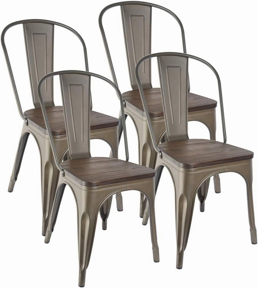 Metal Dining Chairs Set of 4 Farmhouse Stacking Kitchen Side Chairs Bronze with Wood Seat High Back & Rubber Feet