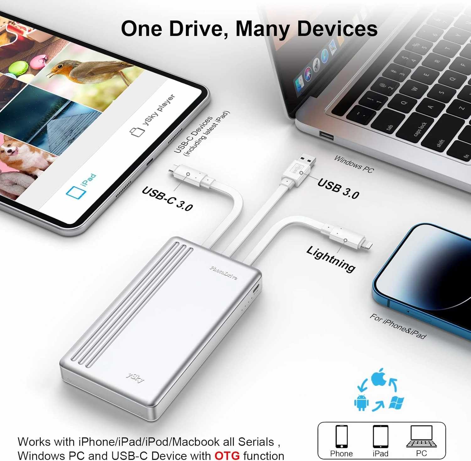 MFi Certified 2TB External Hard Drive for iPhone iPad MacBook Computer,Portable Photo Stick USB Flash Drive Storage Device to Backup Photo| Video | Music| File 【One-Touch Backup】