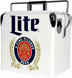 Miller lite Retro Ice Chest Cooler with Bottle Opener 13 L /14 Quart, Red and Silver, Vintage Style Ice Bucket for Camping, Beach, Picnic, RV, BBQs, Tailgating, Fishing