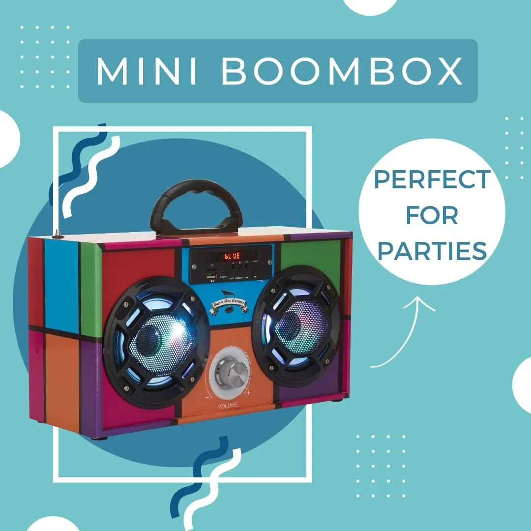 Mini Boombox with LED Speakers – Retro Bluetooth Speaker w/Enhanced FM Radio - Perfect for Home and Outdoor (Retro)