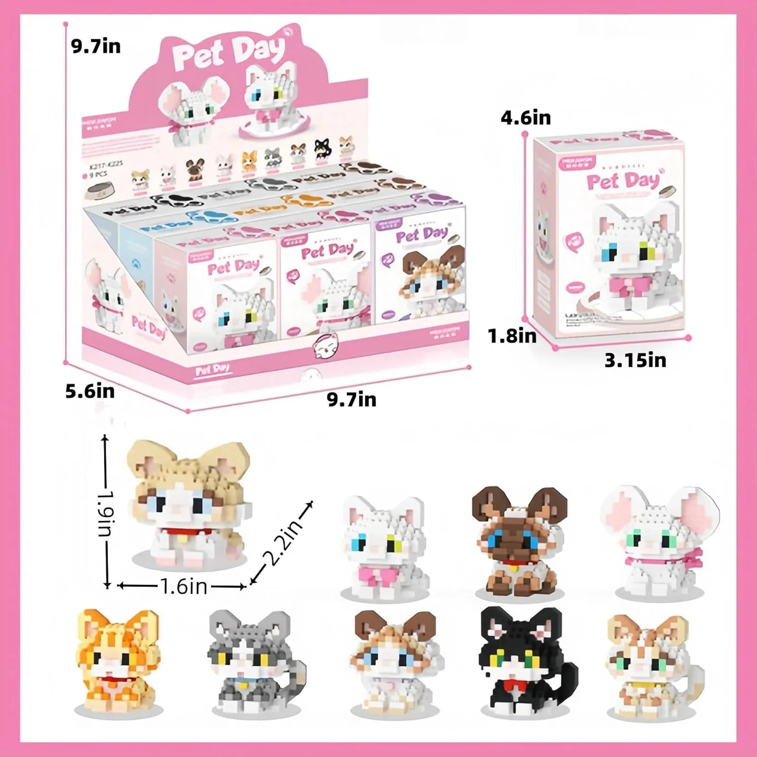 Mini Cat Building Block Sets, 9 Style Cute Cat Building Blocks Miniature Cat Figurine Toys for Kids Birthday Party Favors Christmas Stocking Stuffers (Cat Building Block)