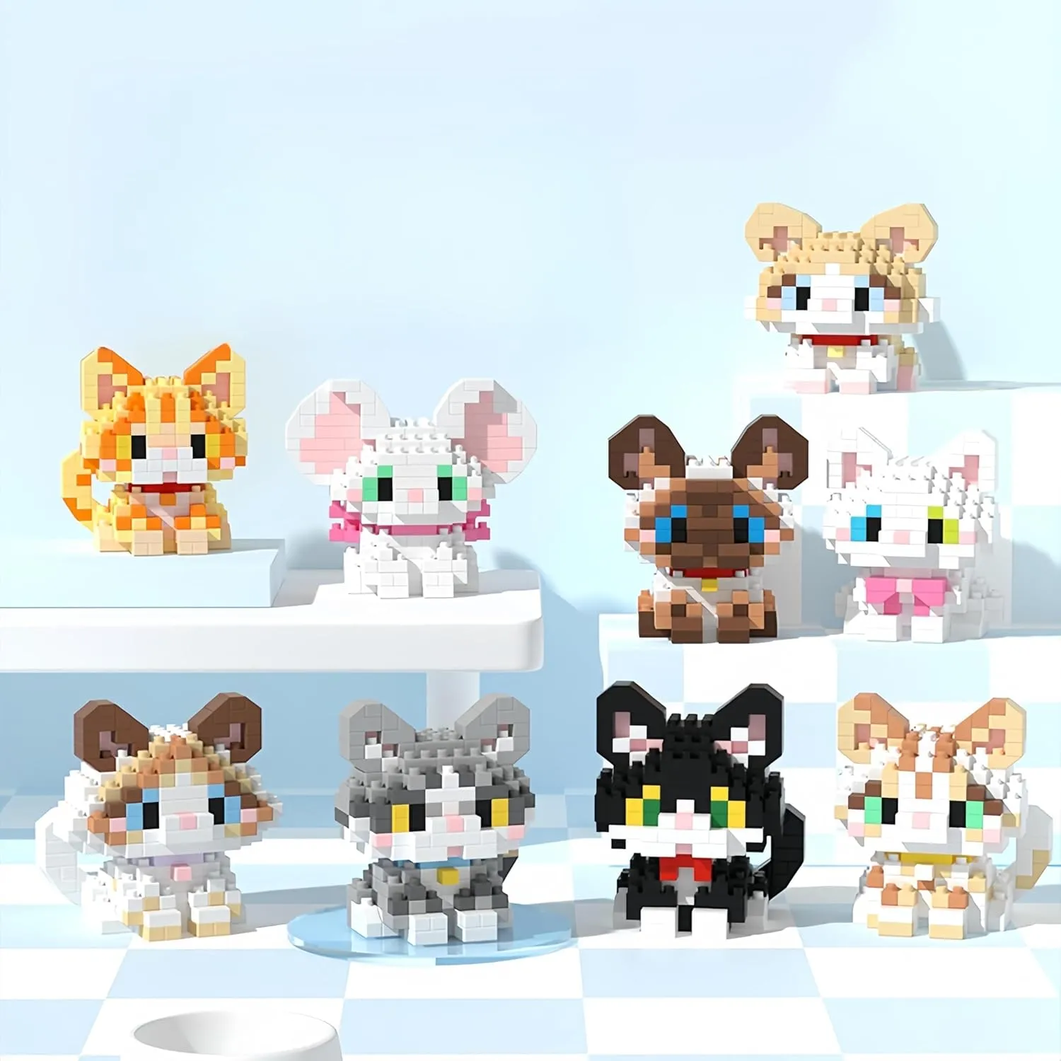 Mini Cat Building Block Sets, 9 Style Cute Cat Building Blocks Miniature Cat Figurine Toys for Kids Birthday Party Favors Christmas Stocking Stuffers (Cat Building Block)