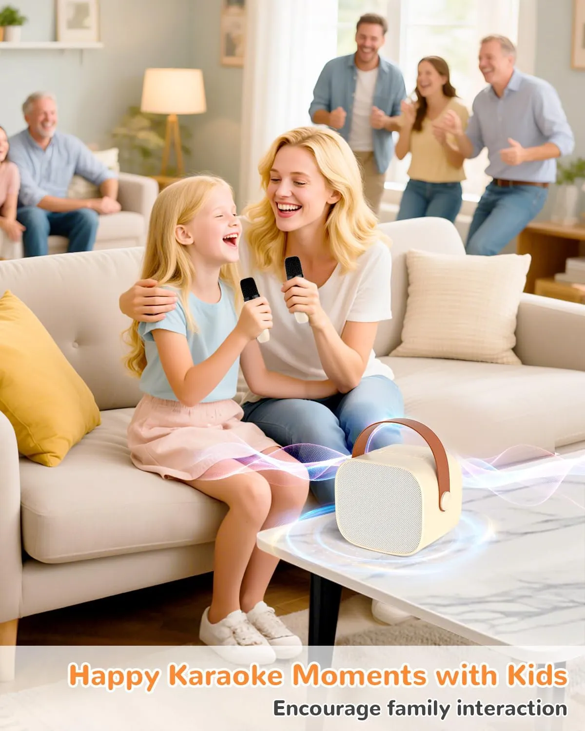 Mini Karaoke Machine for Kids Gifts for Girls Boys with 2 Wireless Microphones,4 Magic Voices,Portable Design for Indoor Outdoor Party Singing Fun,Birthday Christmas Toys for Children 3-12 Beige