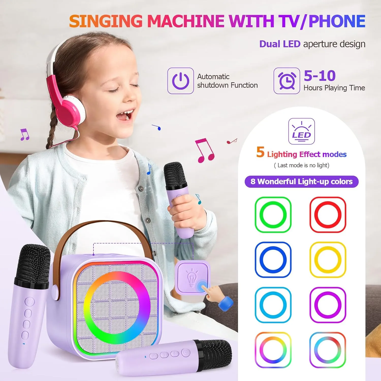 Mini Karaoke Machine with 2 Wireless Microphone, Portable Purple Bluetooth Speaker for Kids, Birthday Teen Toys Gifts Ideas for Girls Ages 4, 5, 6, 7, 8, 9, 10, 12  Year Old, Family Home Party