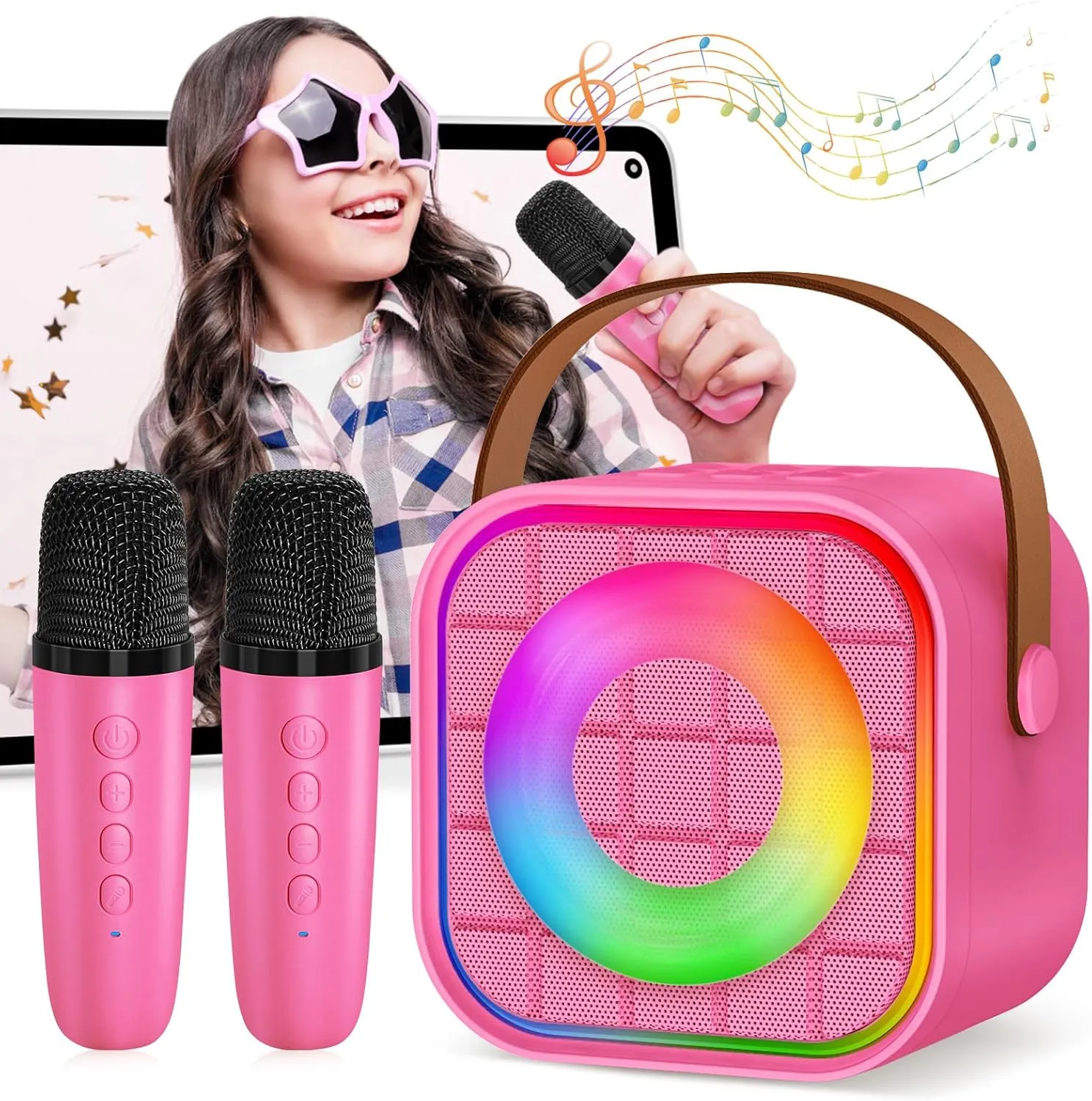Mini Karaoke Machine with 2 Wireless Microphones for Kids Adults, Portable Bluetooth Singing Speaker Birthday Fun Gift for Girls Boys Ages 4,5,6,7,8,9,10  Year Old, Toys for Party (Hotpink)