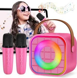 Mini Karaoke Machine with 2 Wireless Microphones for Kids Adults, Portable Bluetooth Singing Speaker Birthday Fun Gift for Girls Boys Ages 4,5,6,7,8,9,10  Year Old, Toys for Party (Hotpink)