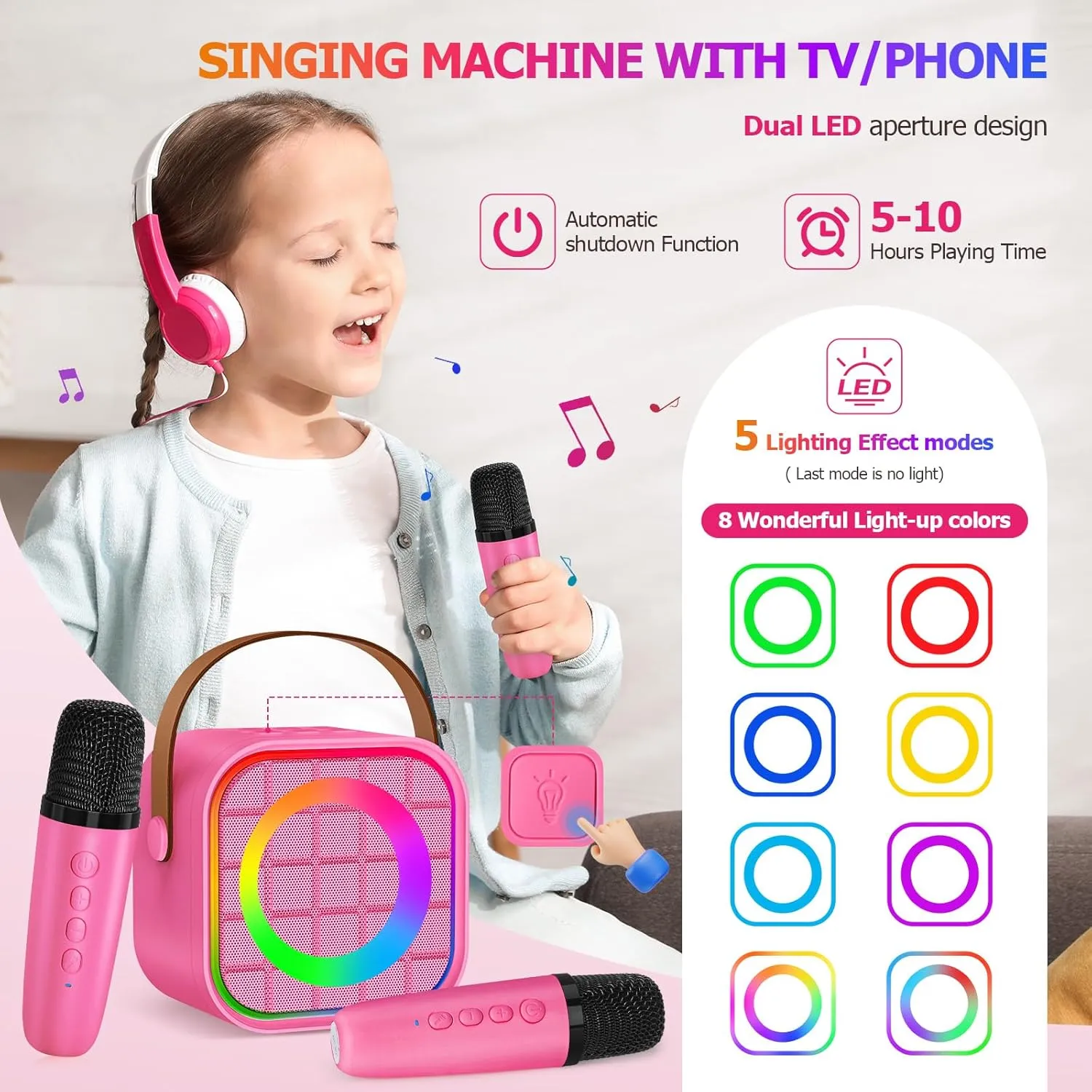 Mini Karaoke Machine with 2 Wireless Microphones for Kids Adults, Portable Bluetooth Singing Speaker Birthday Fun Gift for Girls Boys Ages 4,5,6,7,8,9,10  Year Old, Toys for Party (Hotpink)