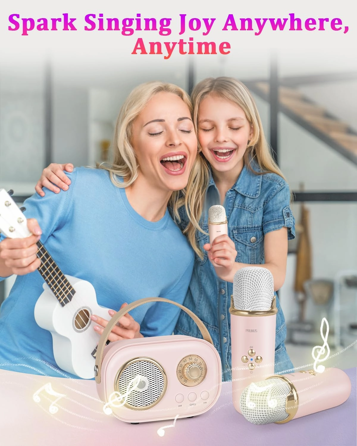 Mini Karaoke Machine for Kids&Adults,Portable Bluetooth Speaker with 2 Wireless Microphones and Stereo Sound Enhanced Bass,Gifts for Girl 6 7 8 9 10 11 12 Years Old (Pink)