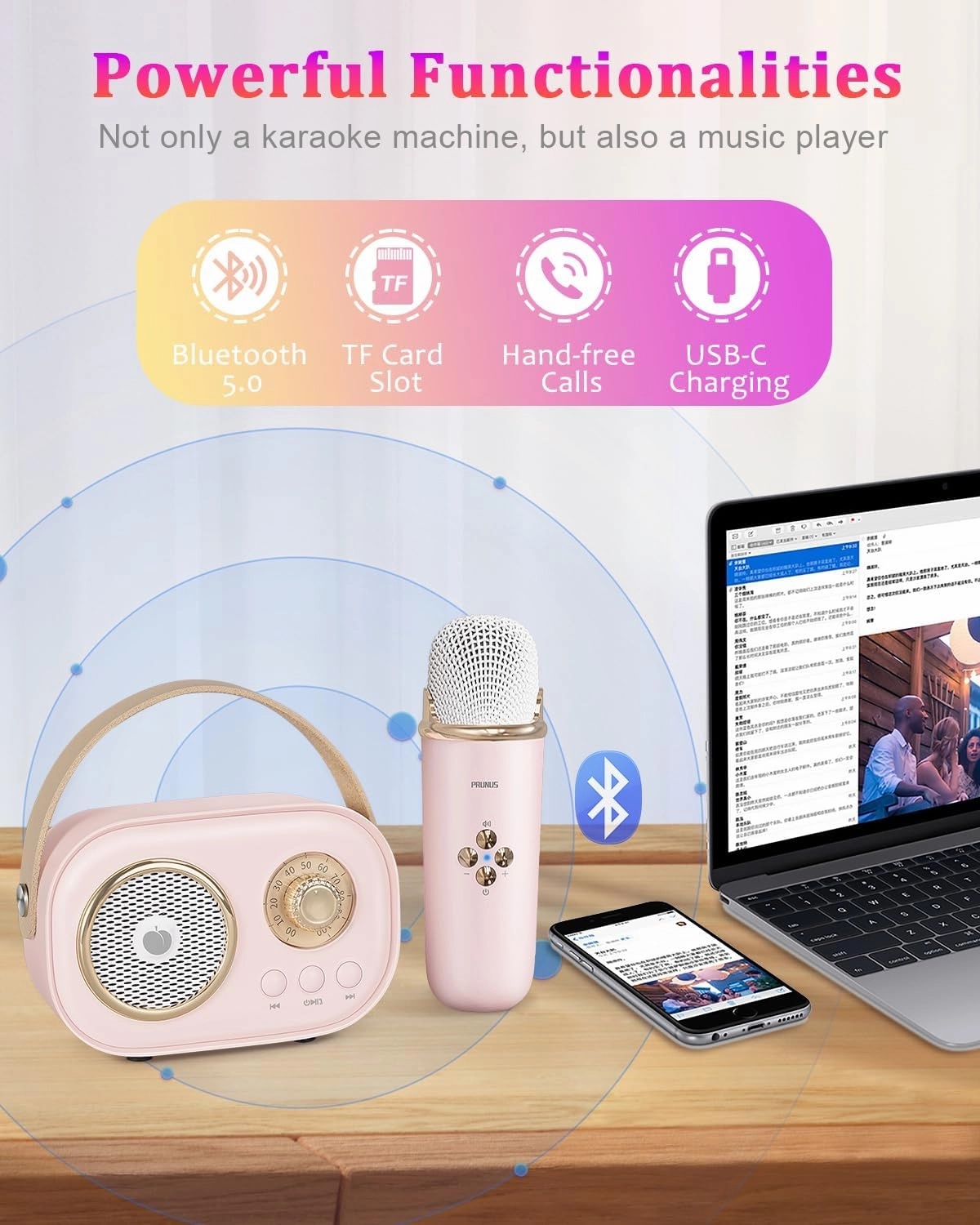 Mini Karaoke Machine for Kids&Adults,Portable Bluetooth Speaker with 2 Wireless Microphones and Stereo Sound Enhanced Bass,Gifts for Girl 6 7 8 9 10 11 12 Years Old (Pink)