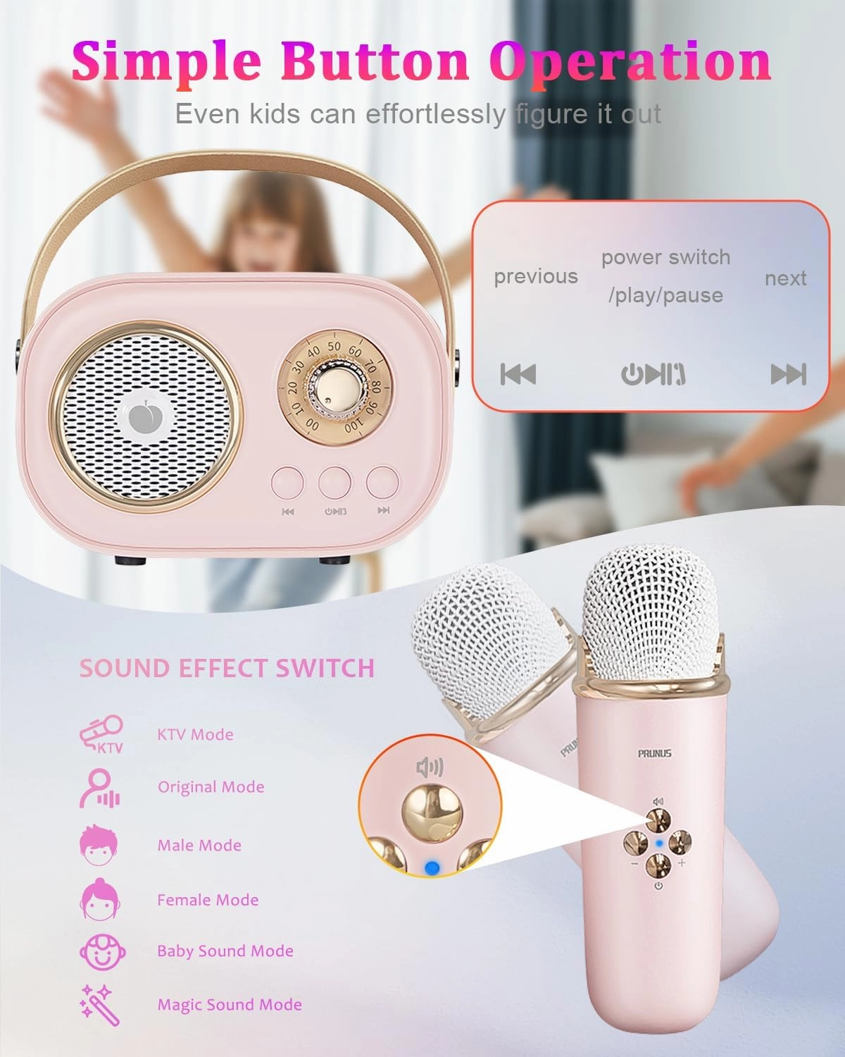 Mini Karaoke Machine for Kids&Adults,Portable Bluetooth Speaker with 2 Wireless Microphones and Stereo Sound Enhanced Bass,Gifts for Girl 6 7 8 9 10 11 12 Years Old (Pink)