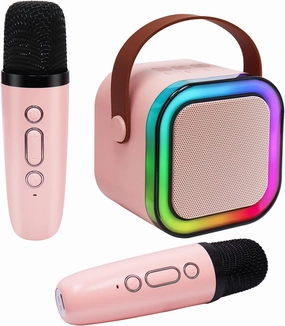 Mini Karaoke Machine for Kids, Haomuren Protable Bluetooth Speaker with 2 Wireless Microphone and LED Color Lights, Birthday Easter Gifts Toys for Girls Boys Friends Age 3-12  Years Old (Pink)