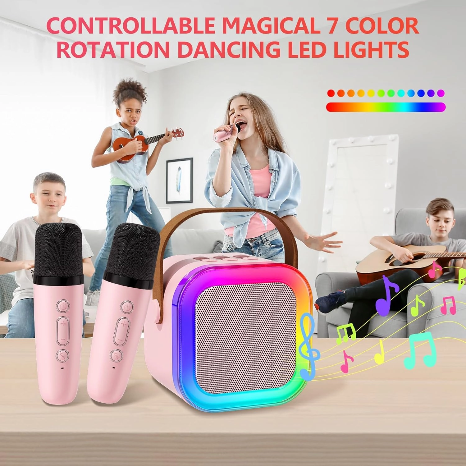 Mini Karaoke Machine for Kids, Haomuren Protable Bluetooth Speaker with 2 Wireless Microphone and LED Color Lights, Birthday Easter Gifts Toys for Girls Boys Friends Age 3-12  Years Old (Pink)