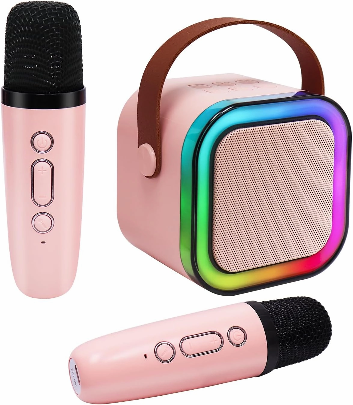 Mini Karaoke Machine for Kids, Haomuren Protable Bluetooth Speaker with 2 Wireless Microphone and LED Color Lights, Birthday Easter Gifts Toys for Girls Boys Friends Age 3-12  Years Old (Pink)