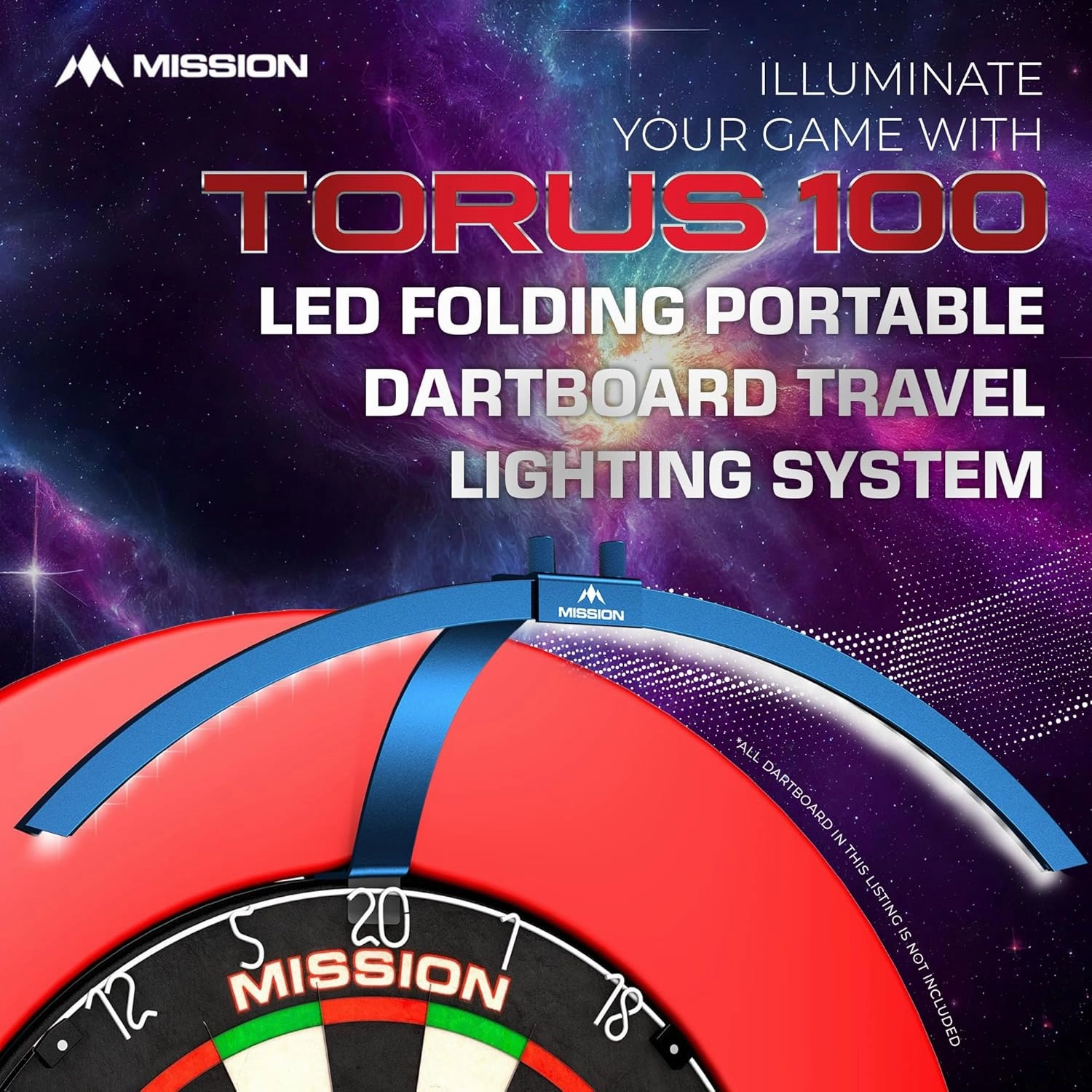 Mission Darts TOR100 Torus 100 | Dart Board LED Folding Portable Dartboard Travel Lighting System