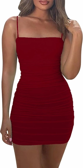 Mizoci Women's Sexy Sleeveless Ruched Spaghetti Strap Bodycon Mini Club Party Dress