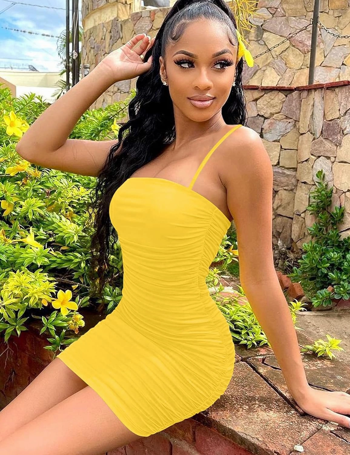 Mizoci Women's Sexy Sleeveless Ruched Spaghetti Strap Bodycon Mini Club Party Dress
