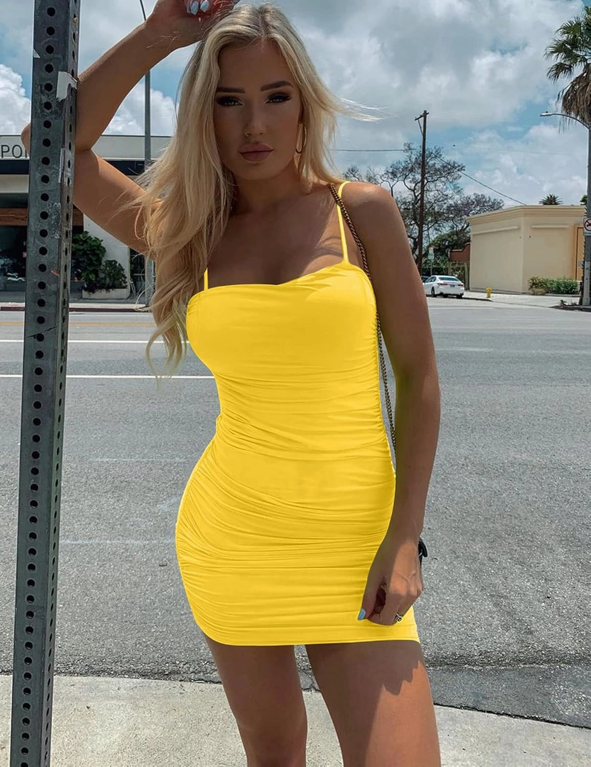Mizoci Women's Sexy Sleeveless Ruched Spaghetti Strap Bodycon Mini Club Party Dress