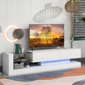 Modern TV Stand for 80 Inch TV, White Led Light Entertainment Center with Storage, 80 75 70 Inch TV Stands for Living Room