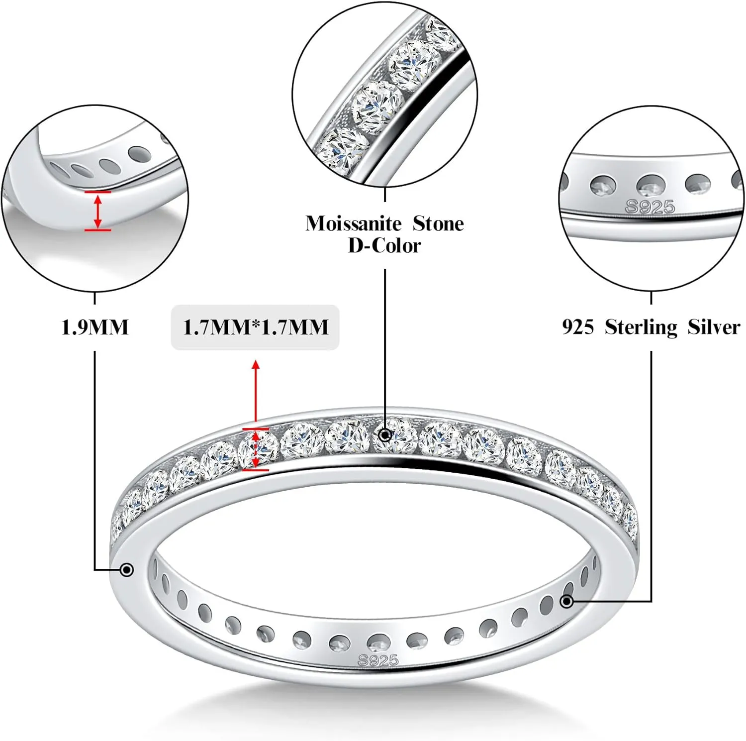 Moissanite Wedding Band Eternity Ring for Women Stackable Wedding Ring 925 Sterling Silver Rings D Color VVS1 Round Cut Anniversary Ring