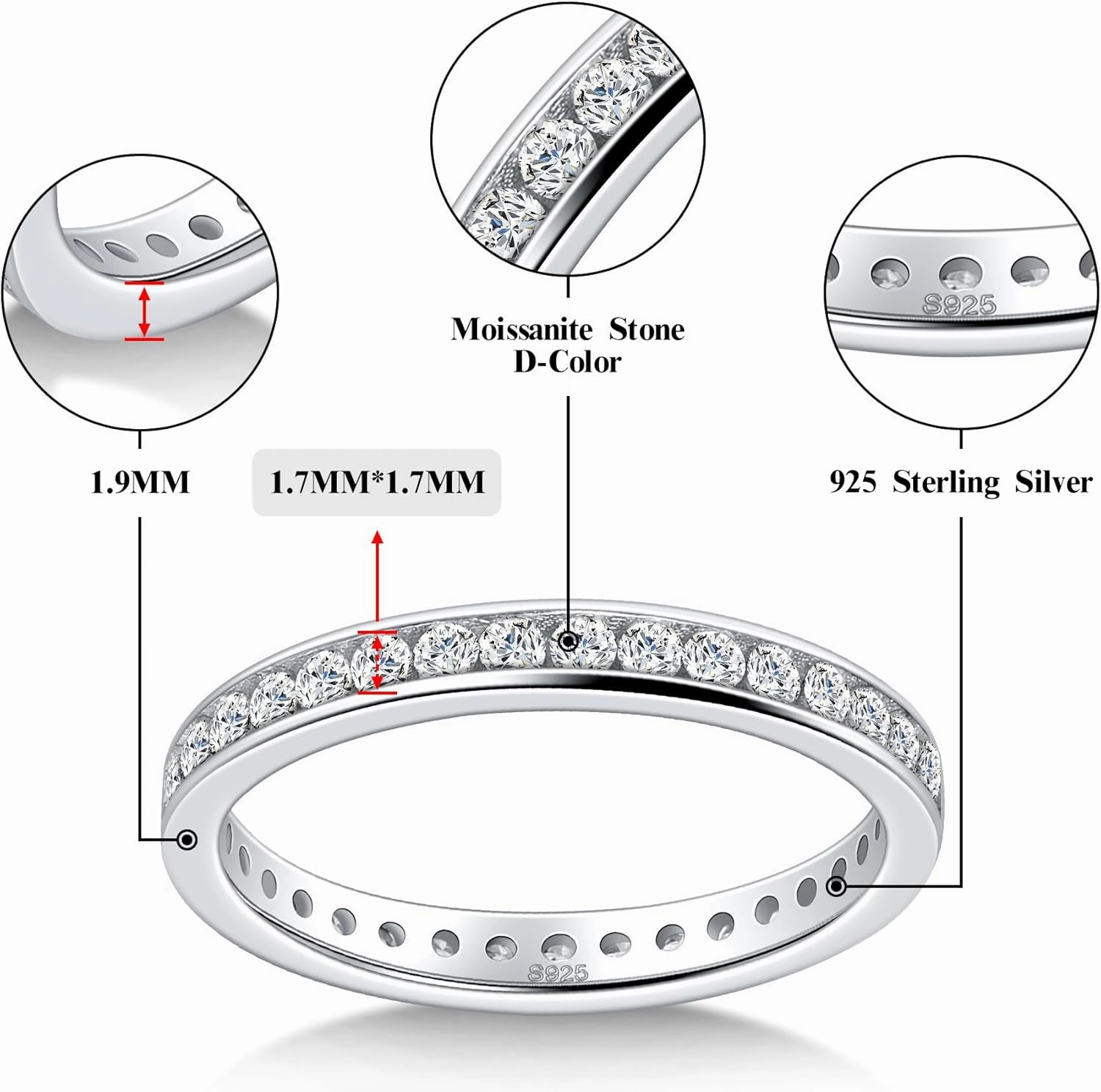 Moissanite Wedding Band Eternity Ring for Women Stackable Wedding Ring 925 Sterling Silver Rings D Color VVS1 Round Cut Anniversary Ring