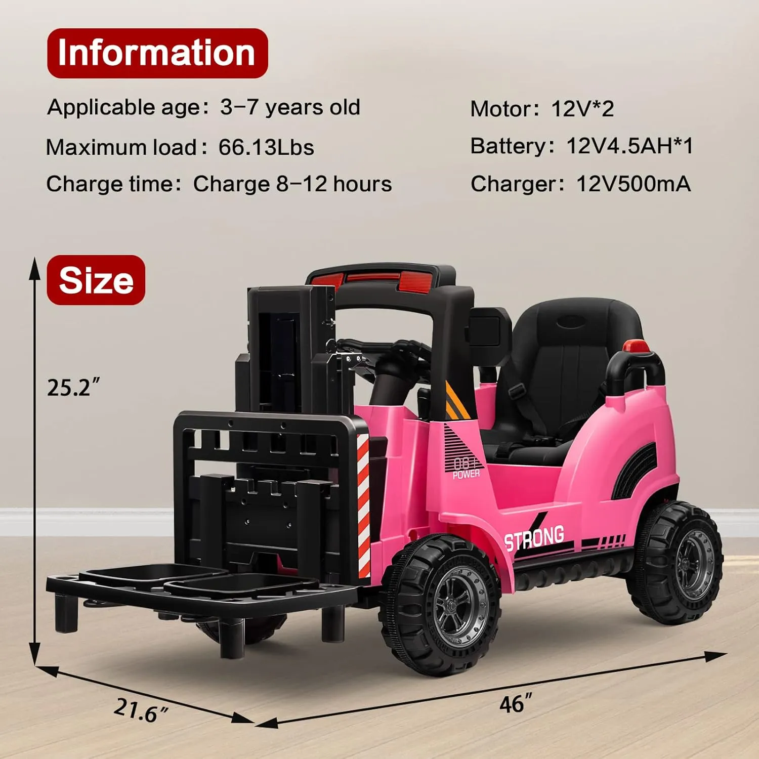 MOLACHI 12V Ride On Forklift,Ride on Car w/Remote Control,Battery Powered Electric Forklift Toy Vehicle for Kids，Liftable Fork & Pallet，Music,LED Light,Ideal Gift for Kids 3-7 Years Old,Pink