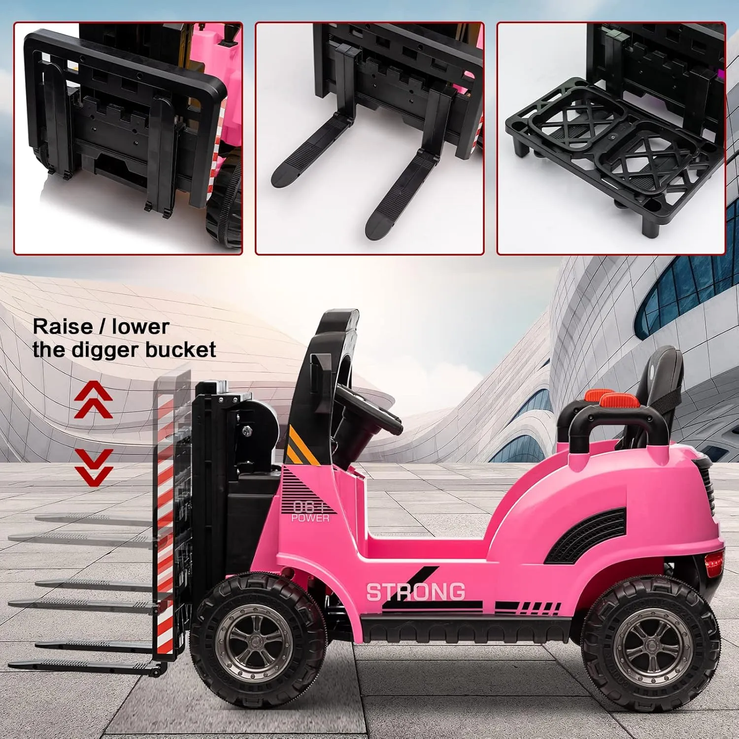 MOLACHI 12V Ride On Forklift,Ride on Car w/Remote Control,Battery Powered Electric Forklift Toy Vehicle for Kids，Liftable Fork & Pallet，Music,LED Light,Ideal Gift for Kids 3-7 Years Old,Pink