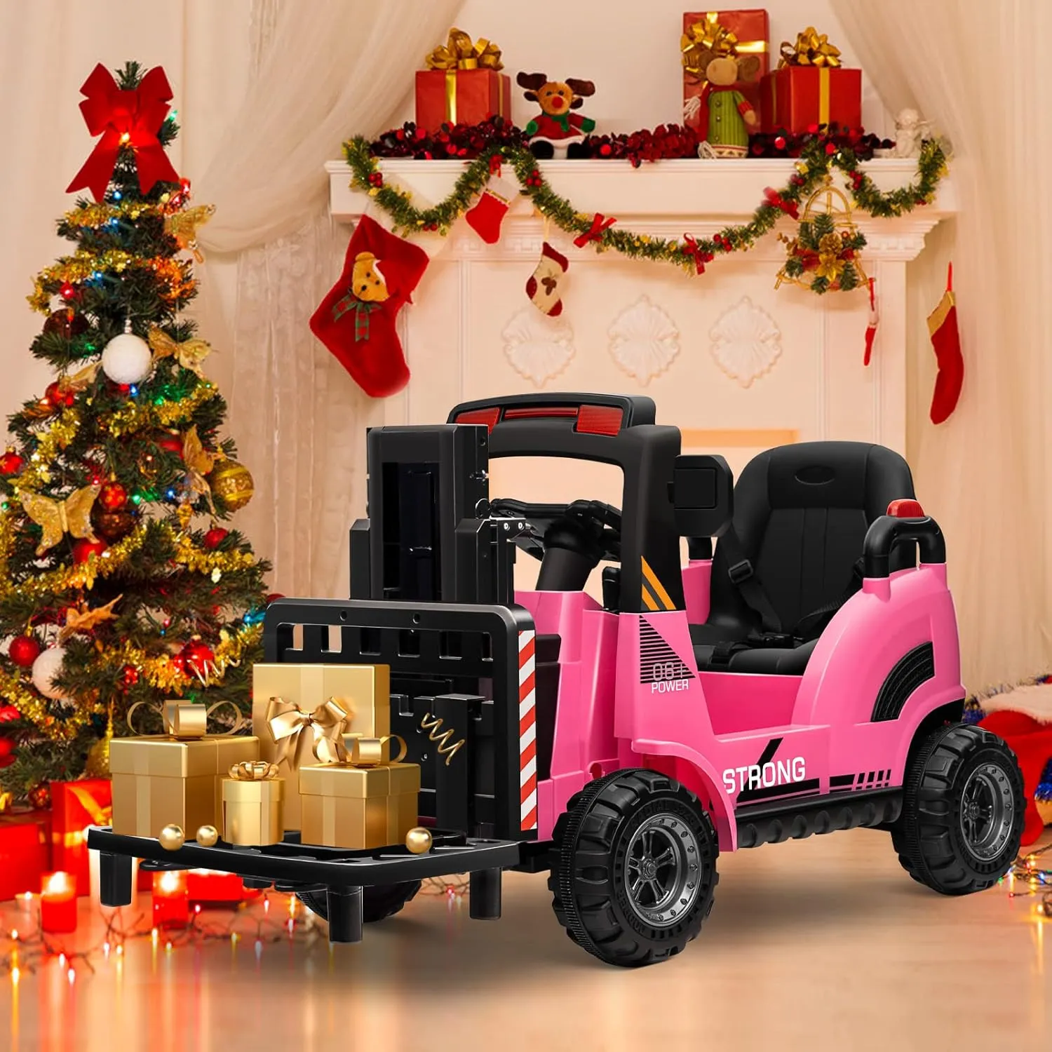 MOLACHI 12V Ride On Forklift,Ride on Car w/Remote Control,Battery Powered Electric Forklift Toy Vehicle for Kids，Liftable Fork & Pallet，Music,LED Light,Ideal Gift for Kids 3-7 Years Old,Pink