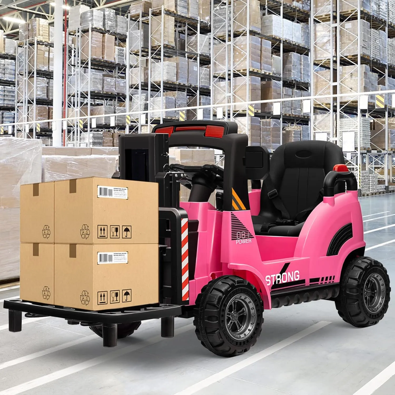 MOLACHI 12V Ride On Forklift,Ride on Car w/Remote Control,Battery Powered Electric Forklift Toy Vehicle for Kids，Liftable Fork & Pallet，Music,LED Light,Ideal Gift for Kids 3-7 Years Old,Pink