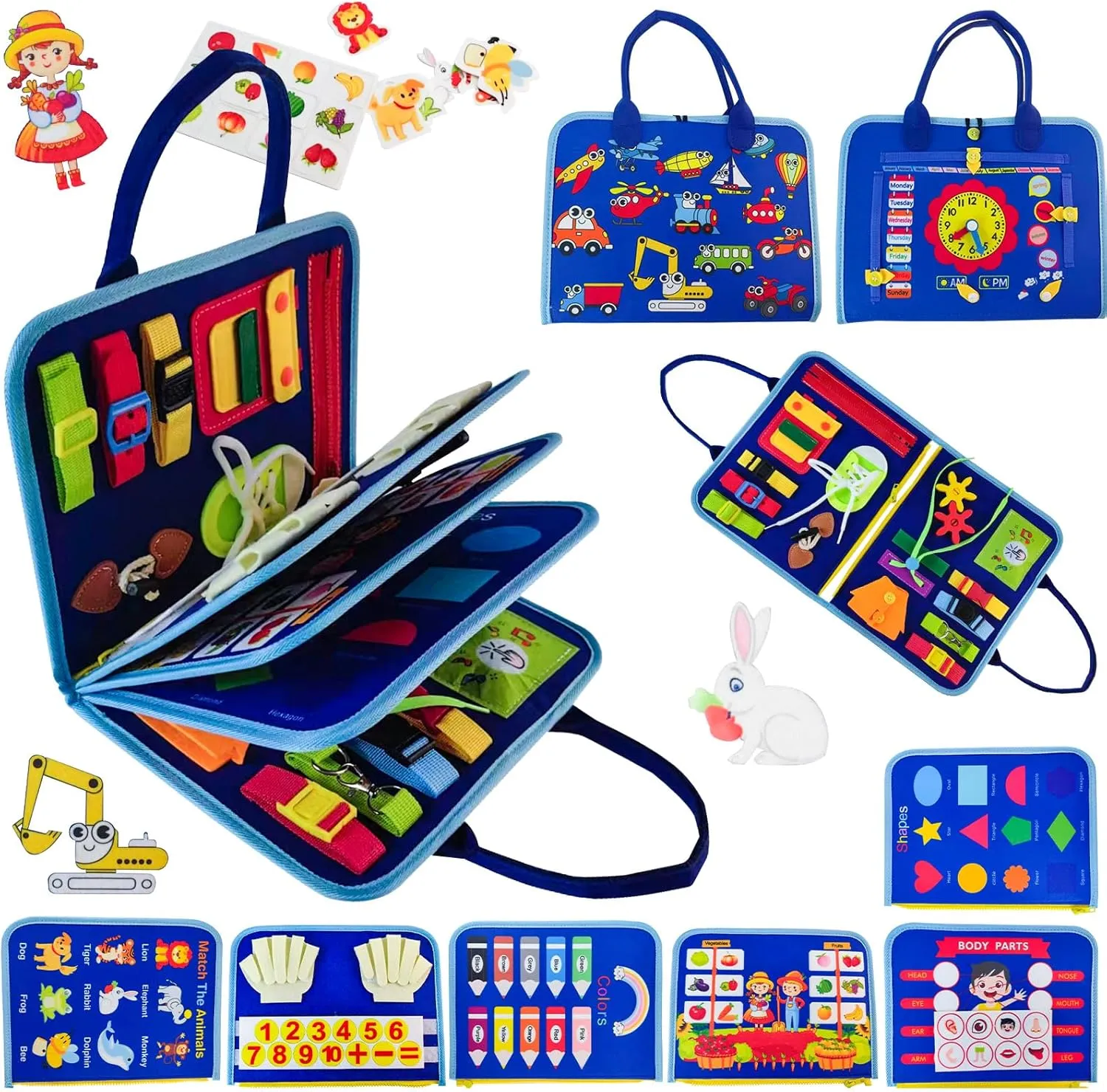 Montessori Busy Board for Toddlers 1-3 Sensory Toy with Zippers, Buttons & Laces Develop Fine Motor Skills Travel-Friendly Learning Activity Board, for Kids