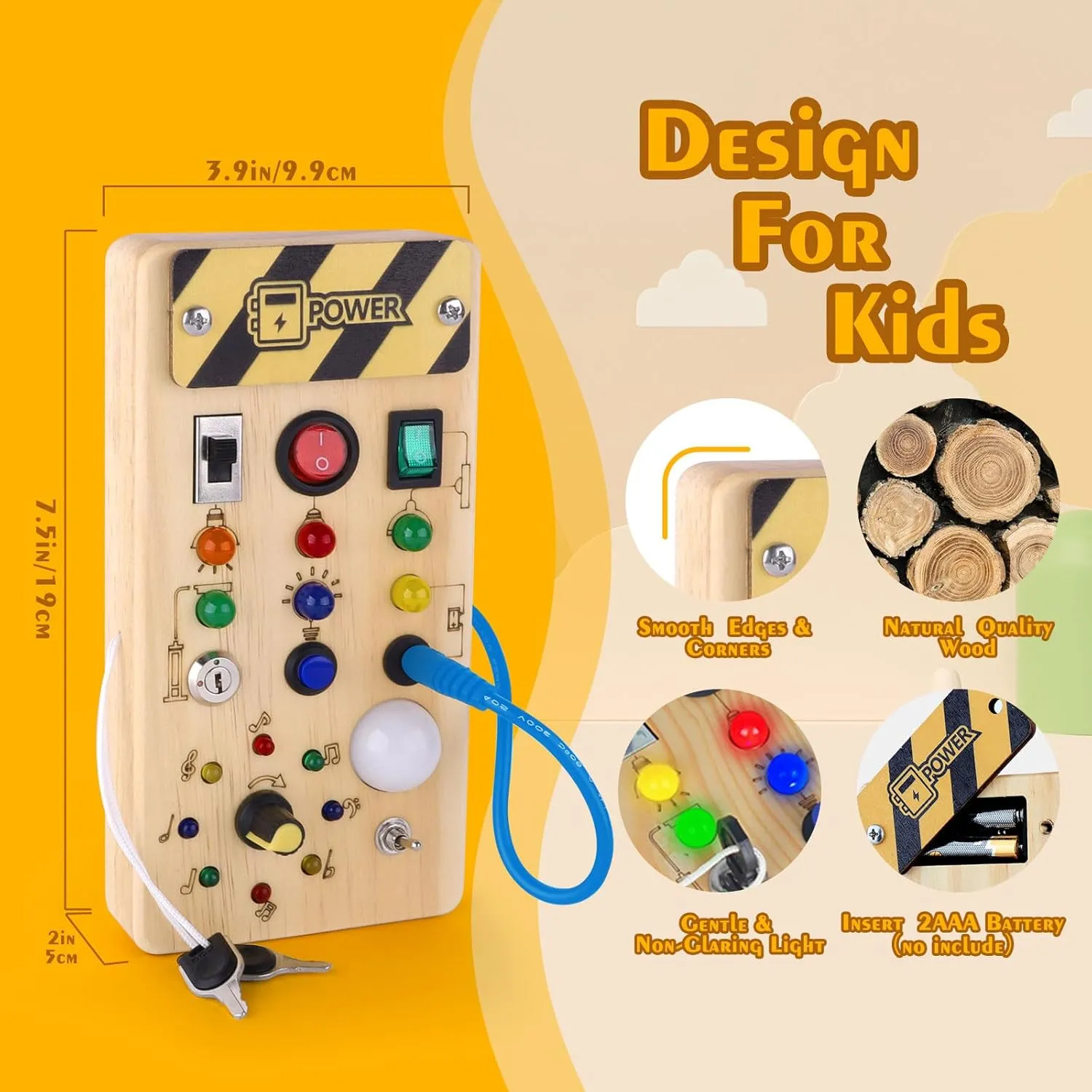 Montessori Wooden Busy Board with 8 LED Light switches, Sensory Toys Light Switch Travel Toys for 1  Year Old Baby and Toddler