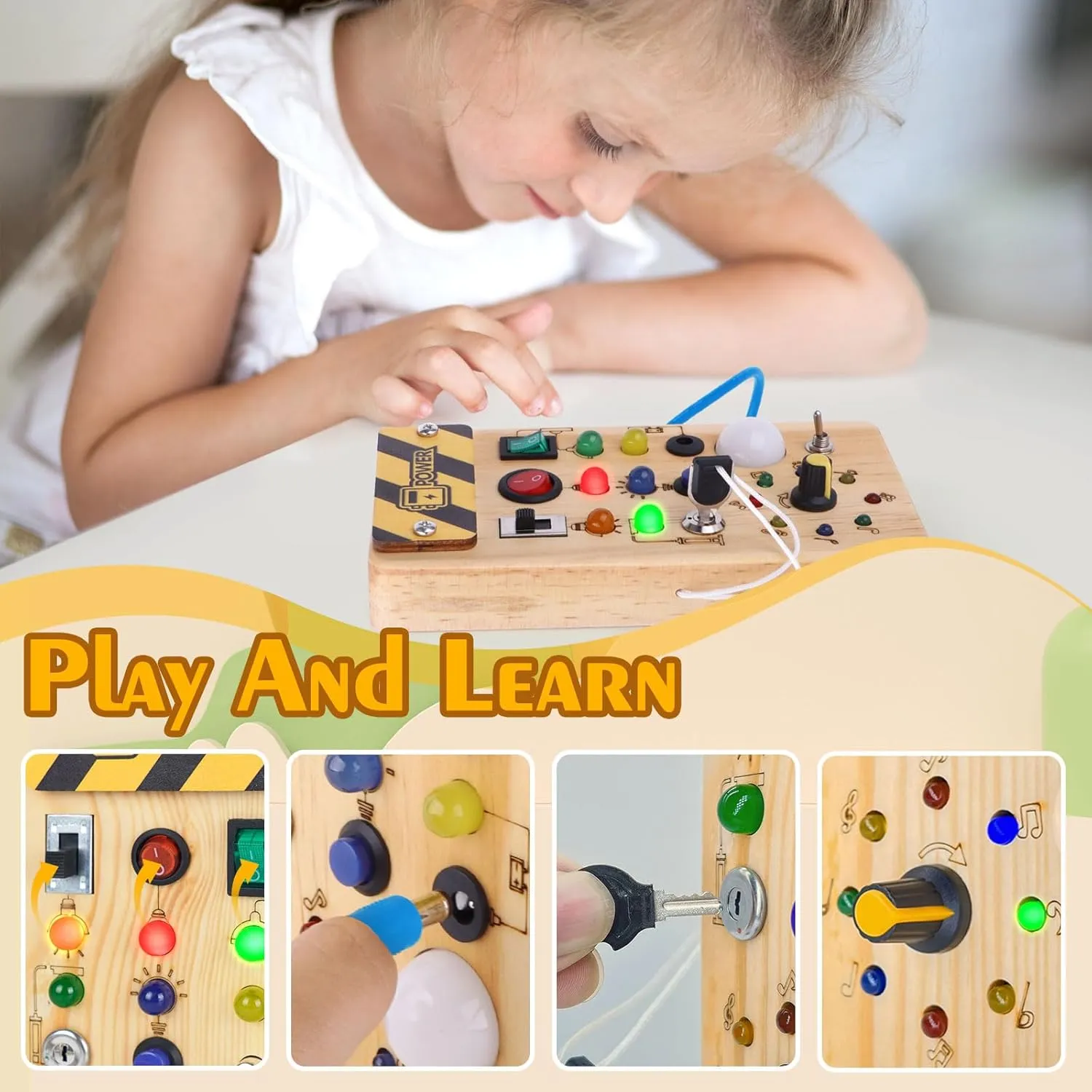 Montessori Wooden Busy Board with 8 LED Light switches, Sensory Toys Light Switch Travel Toys for 1  Year Old Baby and Toddler