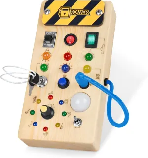 Montessori Wooden Busy Board with 8 LED Light switches, Sensory Toys Light Switch Travel Toys for 1  Year Old Baby and Toddler