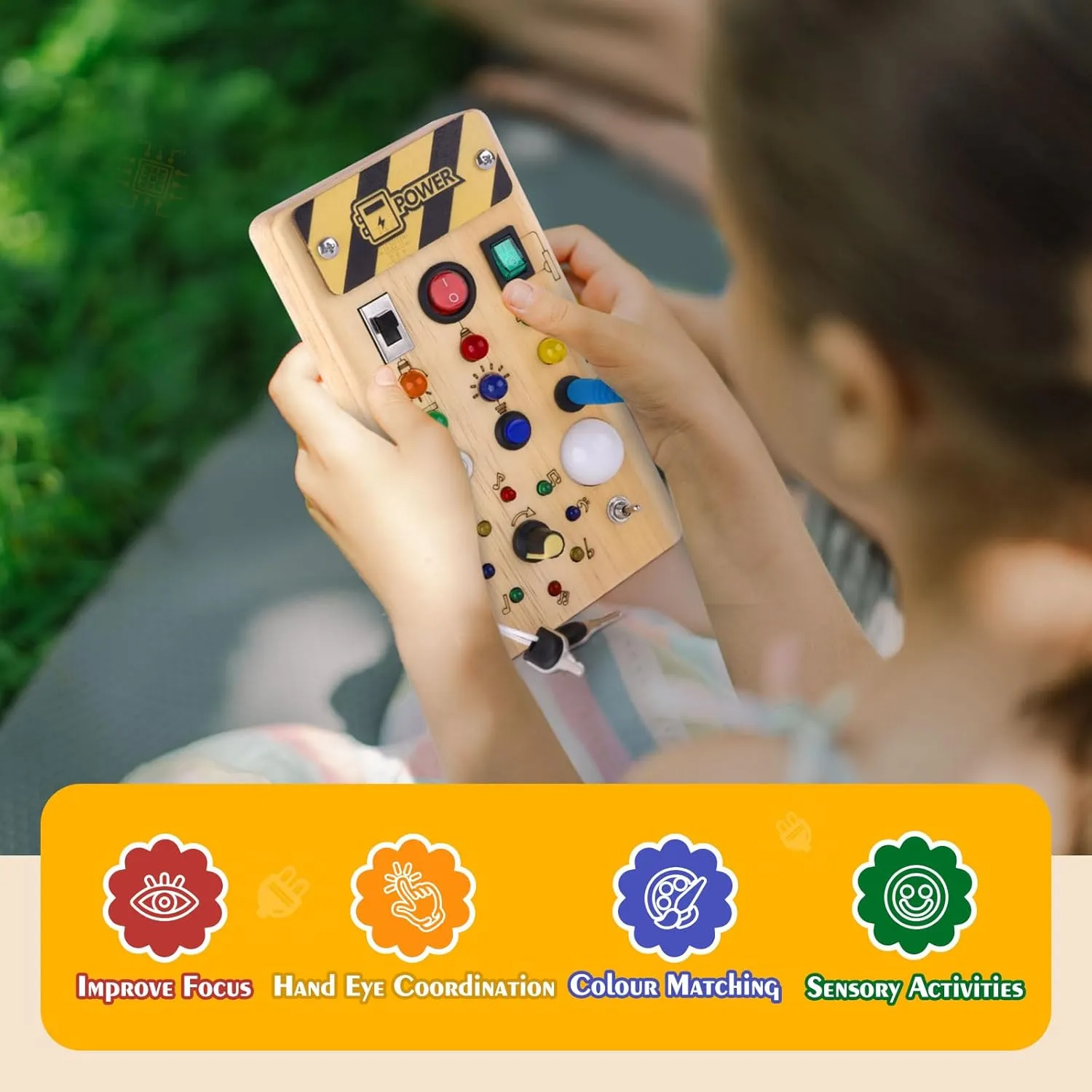 Montessori Wooden Busy Board with 8 LED Light switches, Sensory Toys Light Switch Travel Toys for 1  Year Old Baby and Toddler