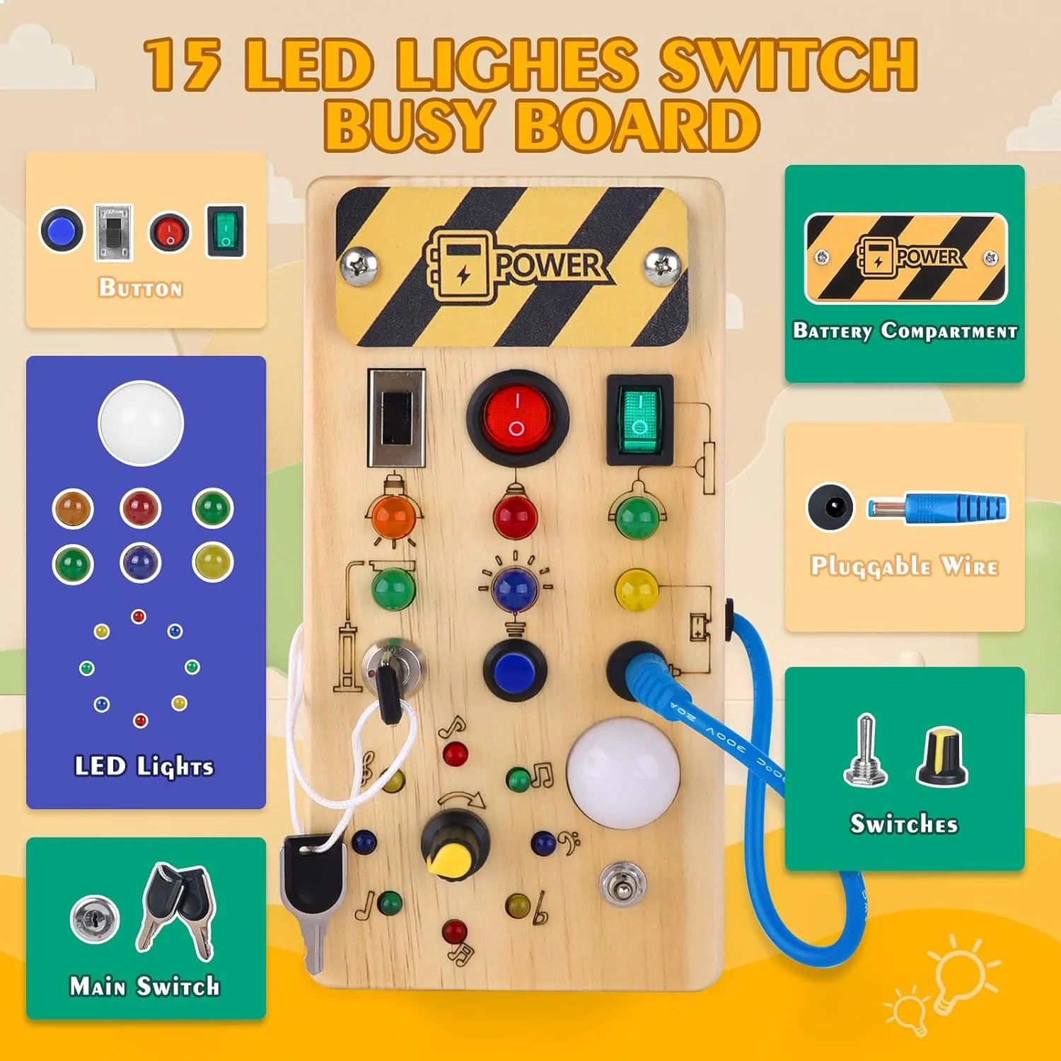 Montessori Wooden Busy Board with 8 LED Light switches, Sensory Toys Light Switch Travel Toys for 1  Year Old Baby and Toddler
