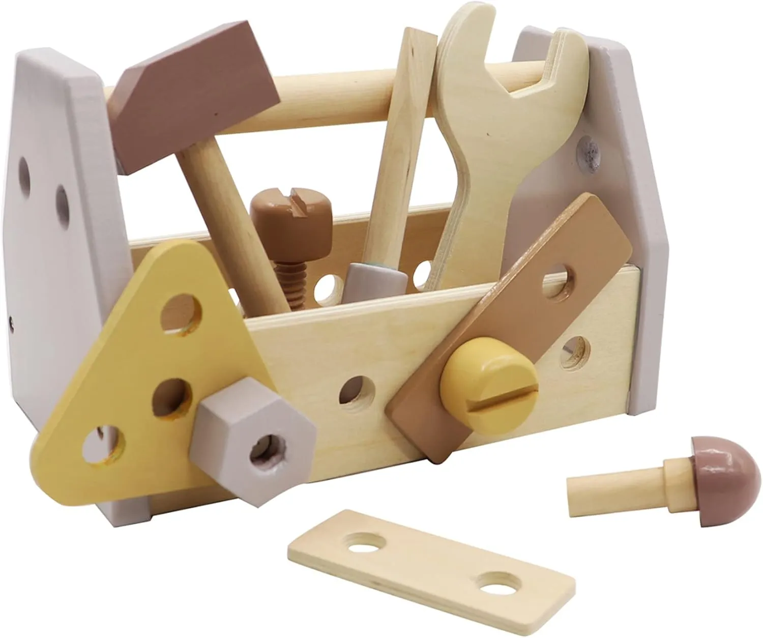 Montessori Wooden Tools Kit Toddler Educational Construction Kids Toys Sets Play Box Preschool Play Tool Wooden Construction Toy （Yellow）