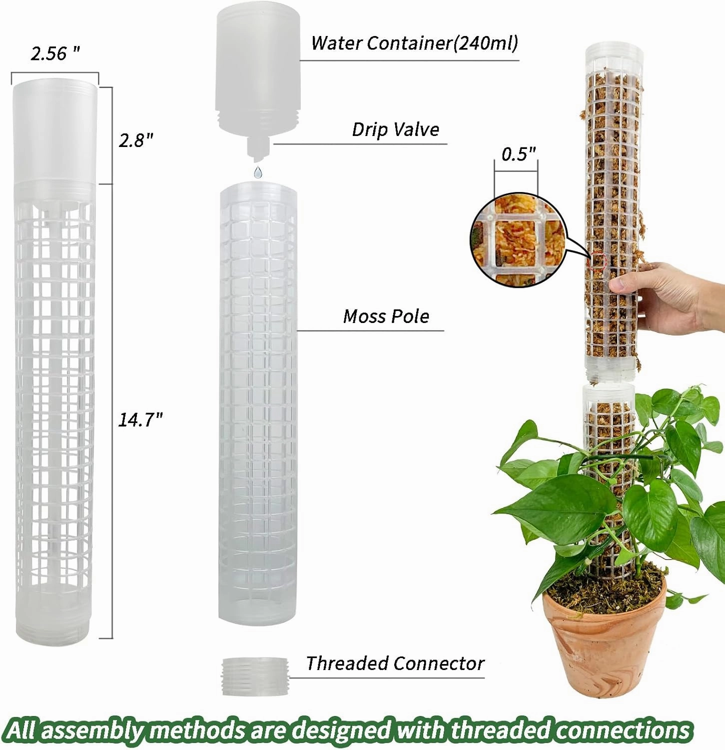 Moss Pole, Self-Watering Moss Pole for Plants Monstera, 17.4 Inch Height, Stackable Design with Monstera Plant Support - Ideal Plastic Moss Poles for Climbing Plants. (2, White)