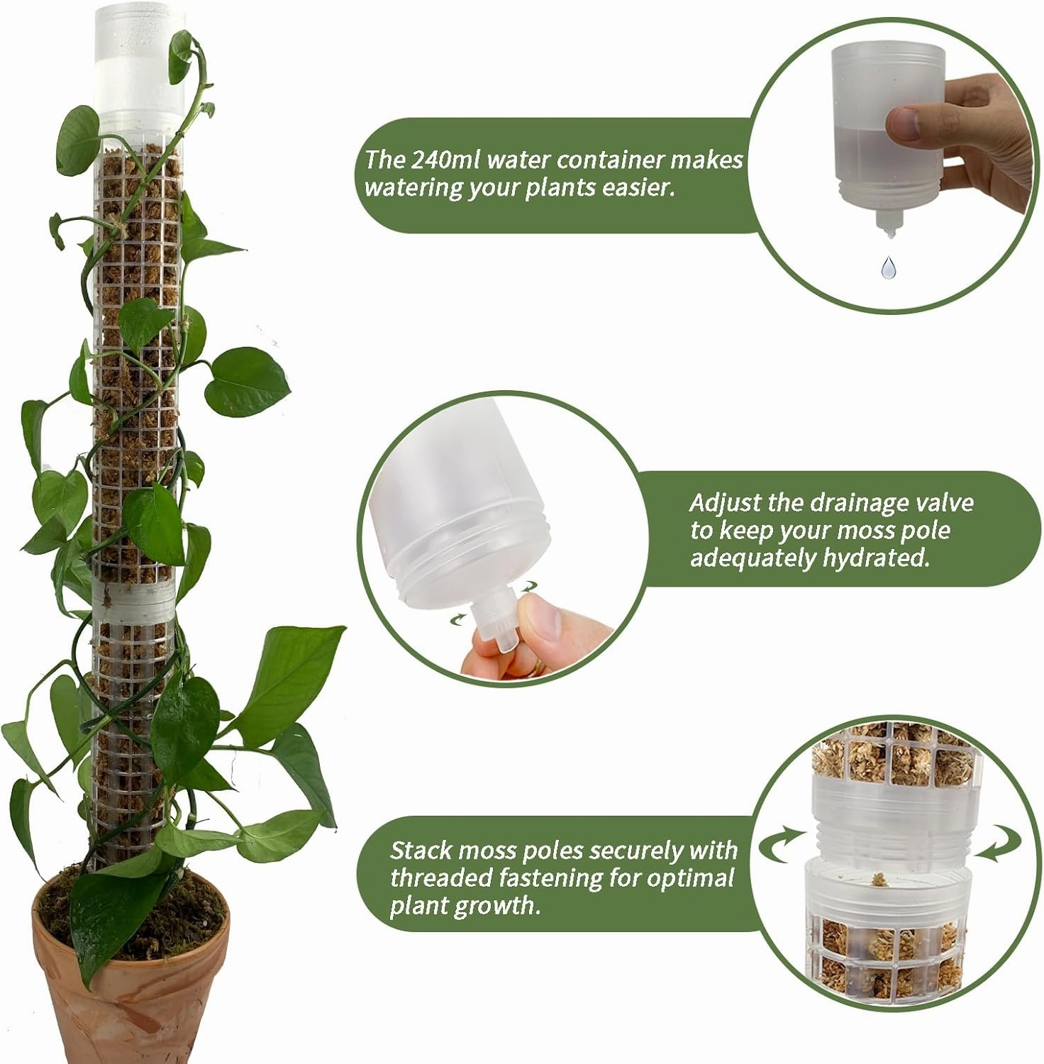 Moss Pole, Self-Watering Moss Pole for Plants Monstera, 17.4 Inch Height, Stackable Design with Monstera Plant Support - Ideal Plastic Moss Poles for Climbing Plants. (2, White)
