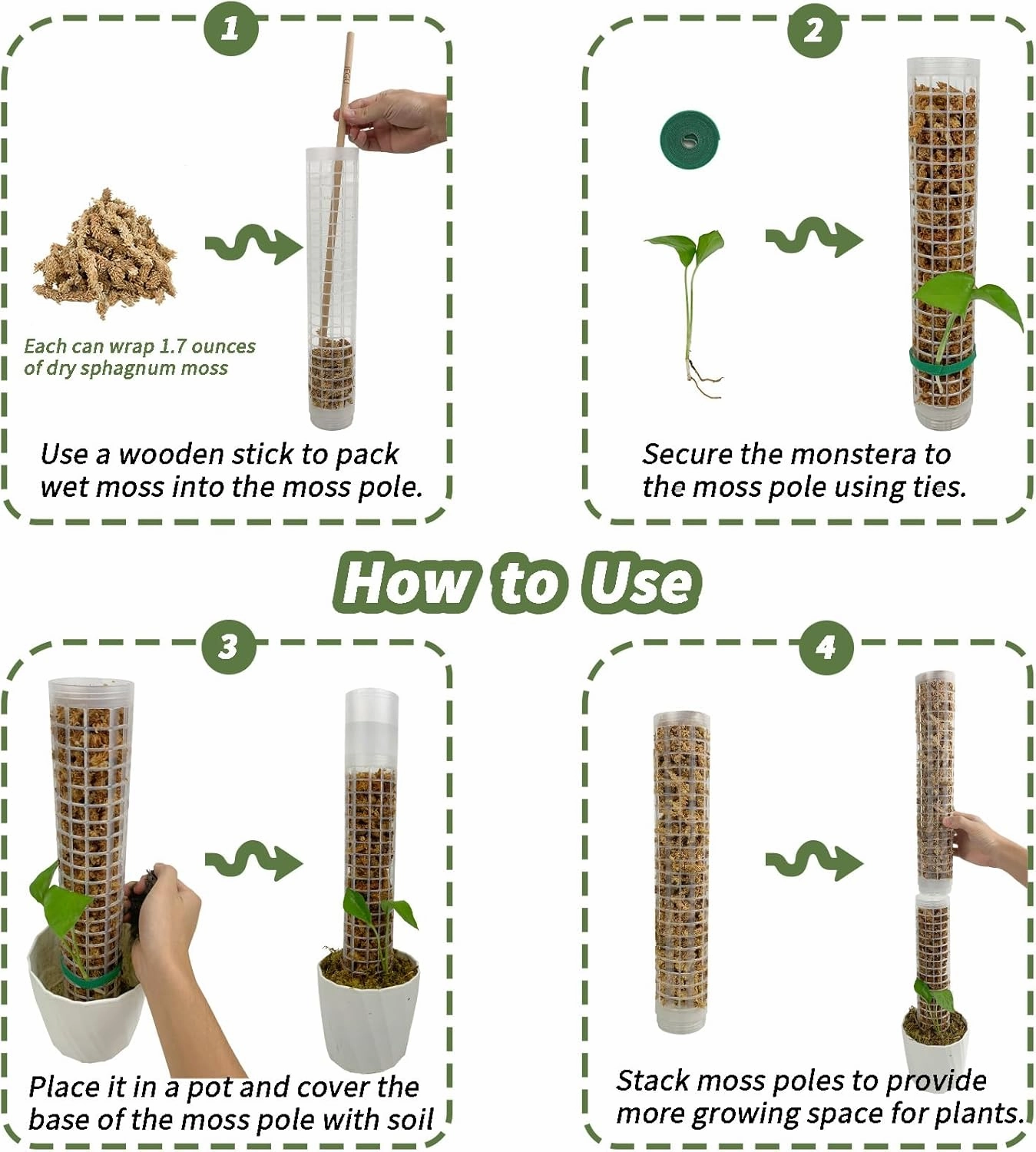 Moss Pole, Self-Watering Moss Pole for Plants Monstera, 17.4 Inch Height, Stackable Design with Monstera Plant Support - Ideal Plastic Moss Poles for Climbing Plants. (2, White)