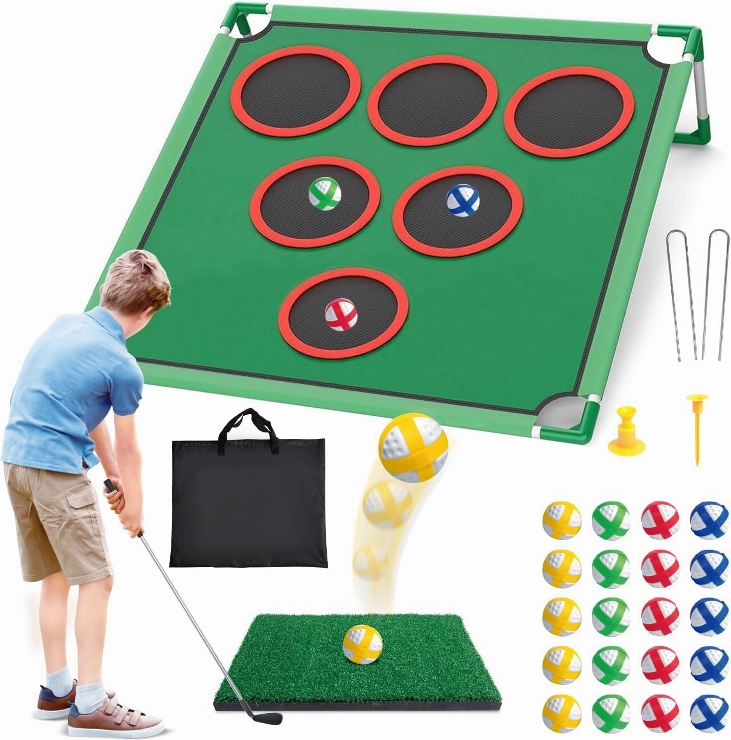 Mostop Golf Chipping Game Set - Backyard Cornhole Game Includes Putting Mat, 20 Sticky Balls, 6 Hole Covers, Club, Carrying Bag - Golf Target Yard Games for Golfers Indoor Outdoor, Gift for Dad