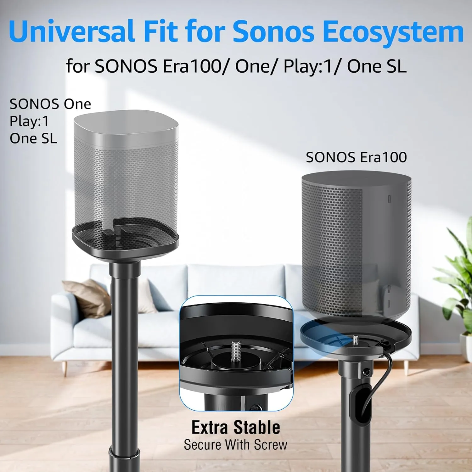 MOUNTUP Speaker Stands for Sonos Era 100, Sonos One, One SL, Play:1, Height Adjustable 35"-43" Floor Standing Speaker Stands Pair with Cable Management, Ear Level Surround Sound, 11lbs Loading, MU9146