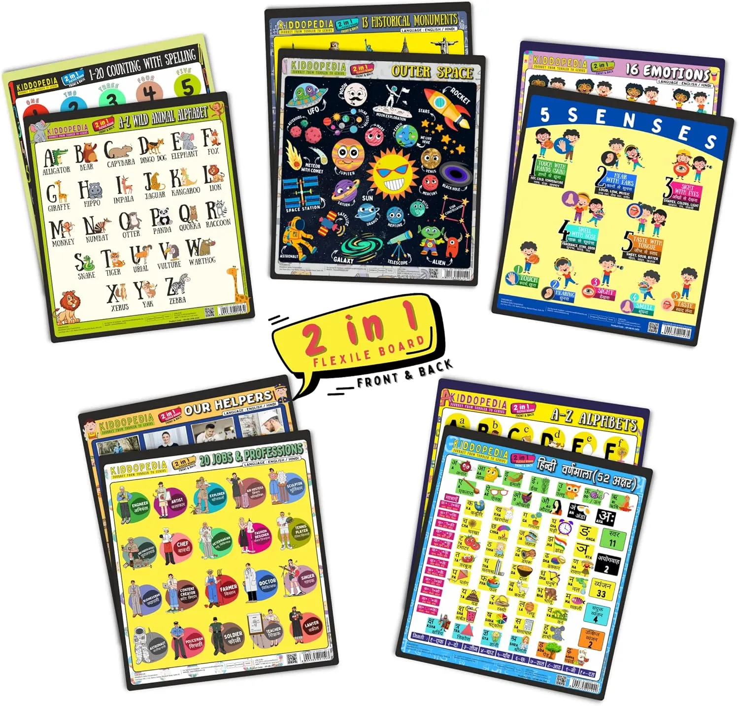My First Early Learning Library 5 Flexile Boards (2in1) Total 10 Topics (Counting, Animal Alphabet, Space, monuments, Senses, Emotions, Profession, Our Helpers, Alphabets, Hindi Varnamala)