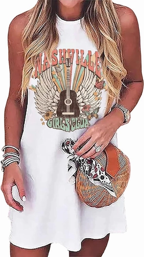 Nashville Music City Mini Dress Women Country Music Rock Band Sleeveless Dress Vintage Guitar Wings Graphic T Shirts Dress