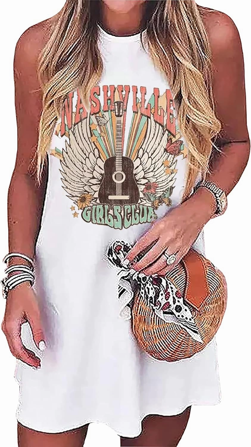 Nashville Music City Mini Dress Women Country Music Rock Band Sleeveless Dress Vintage Guitar Wings Graphic T Shirts Dress