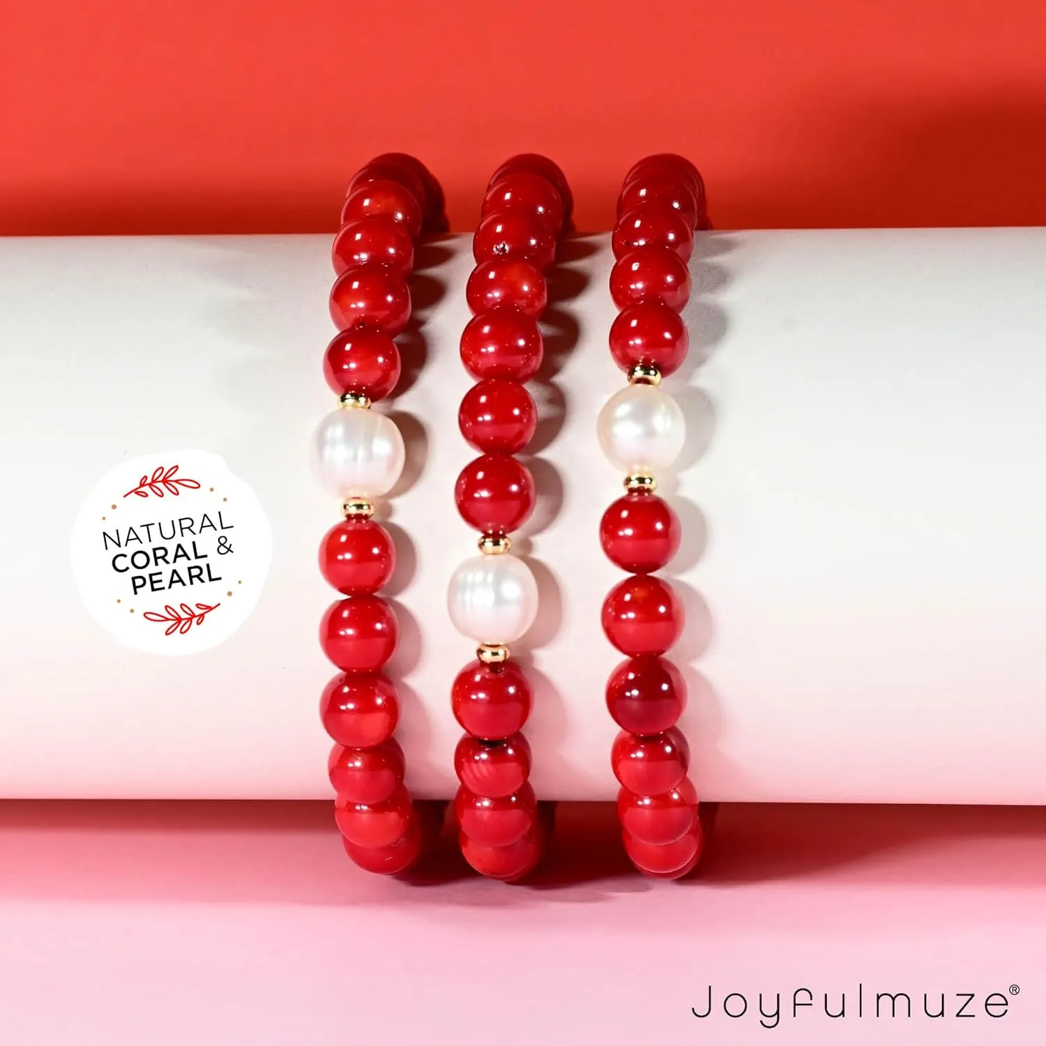 Natural Red Orange Coral and White Freshwater Pearl, Stretch Stacking Bracelets, Costal Summer Jewelry, Handmade Gift for Women and Men, Fit 6.5-7 inch Wrist (Coral-Pearl)
