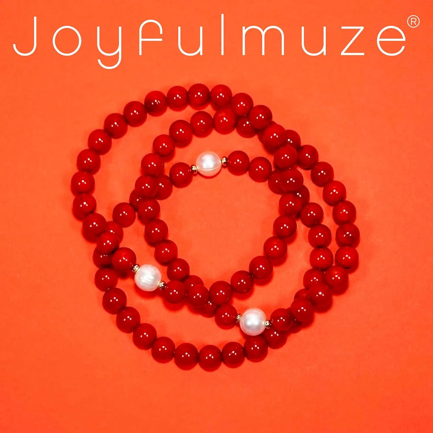 Natural Red Orange Coral and White Freshwater Pearl, Stretch Stacking Bracelets, Costal Summer Jewelry, Handmade Gift for Women and Men, Fit 6.5-7 inch Wrist (Coral-Pearl)