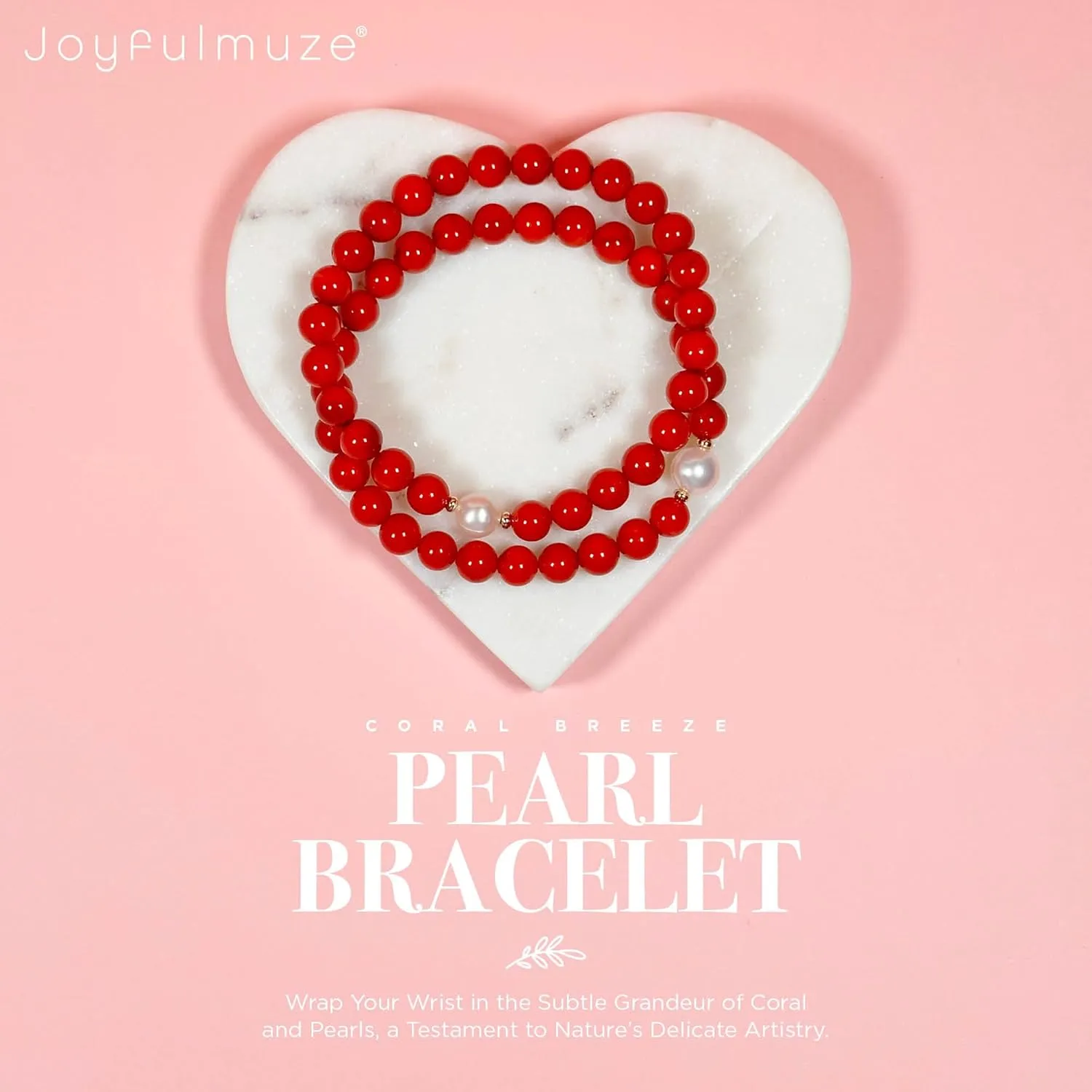 Natural Red Orange Coral and White Freshwater Pearl, Stretch Stacking Bracelets, Costal Summer Jewelry, Handmade Gift for Women and Men, Fit 6.5-7 inch Wrist (Coral-Pearl)