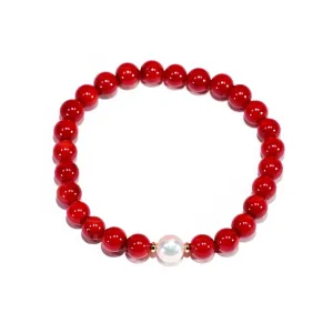 Natural Red Orange Coral and White Freshwater Pearl, Stretch Stacking Bracelets, Costal Summer Jewelry, Handmade Gift for Women and Men, Fit 6.5-7 inch Wrist (Coral-Pearl)