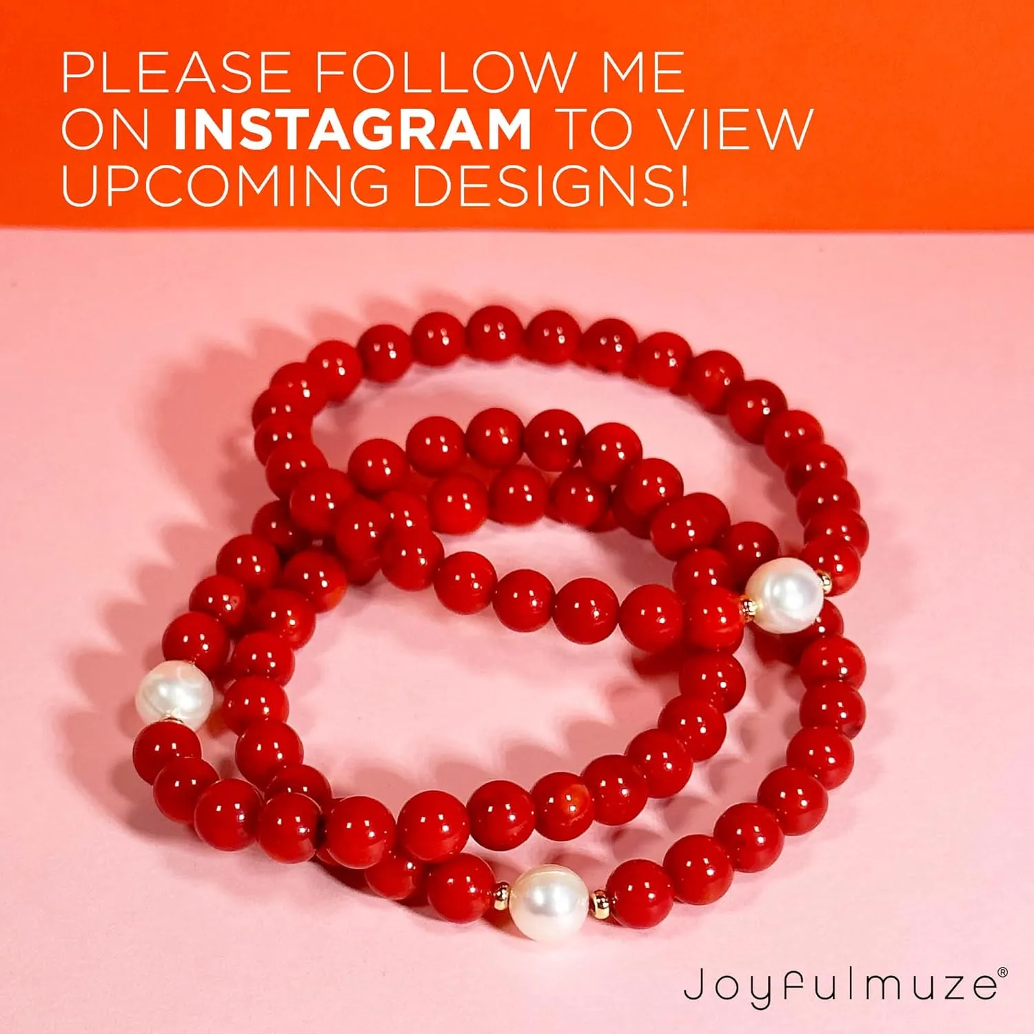 Natural Red Orange Coral and White Freshwater Pearl, Stretch Stacking Bracelets, Costal Summer Jewelry, Handmade Gift for Women and Men, Fit 6.5-7 inch Wrist (Coral-Pearl)