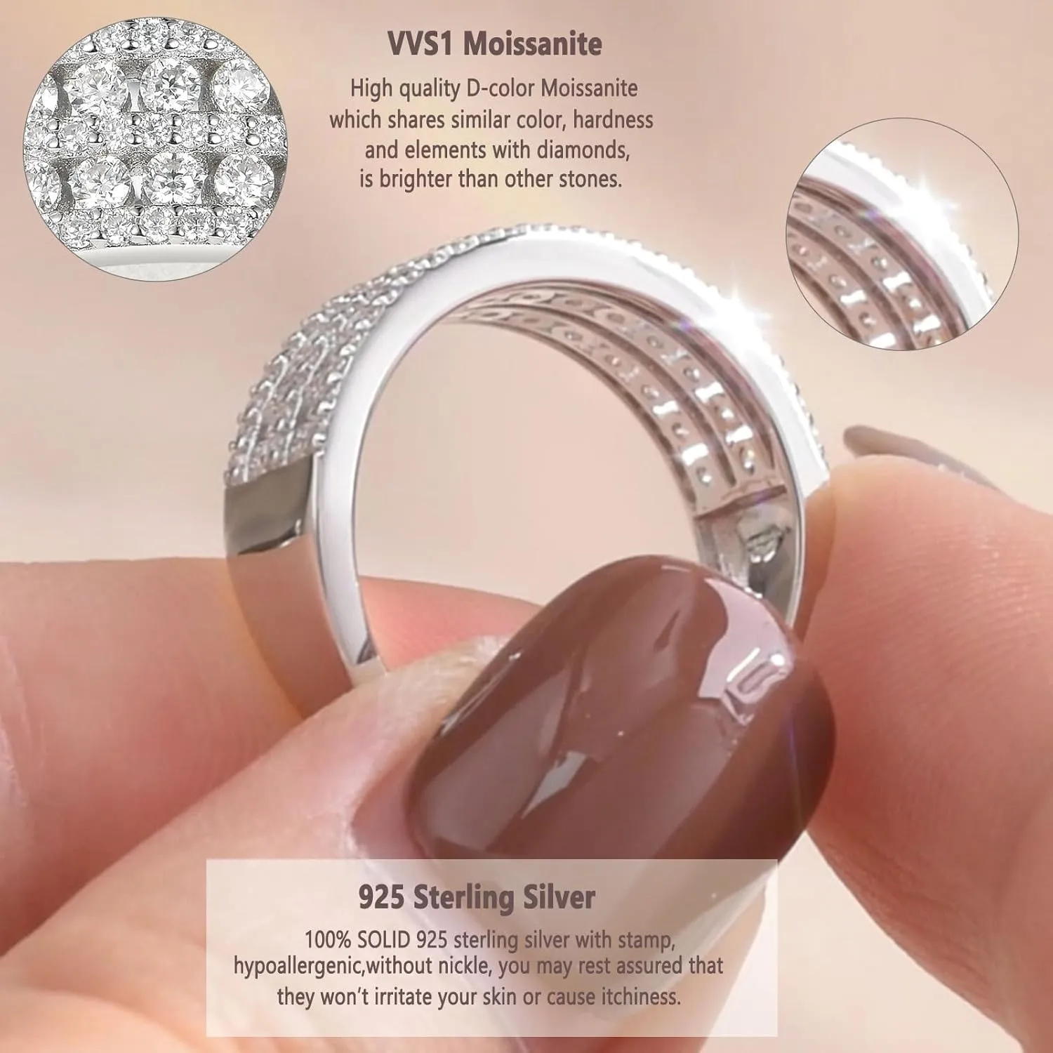 Newshe Jewellery Moissanite Wedding Bands for Women 925 Sterling Silver Eternity Rings Emerald Promise Engagement Size 5-10