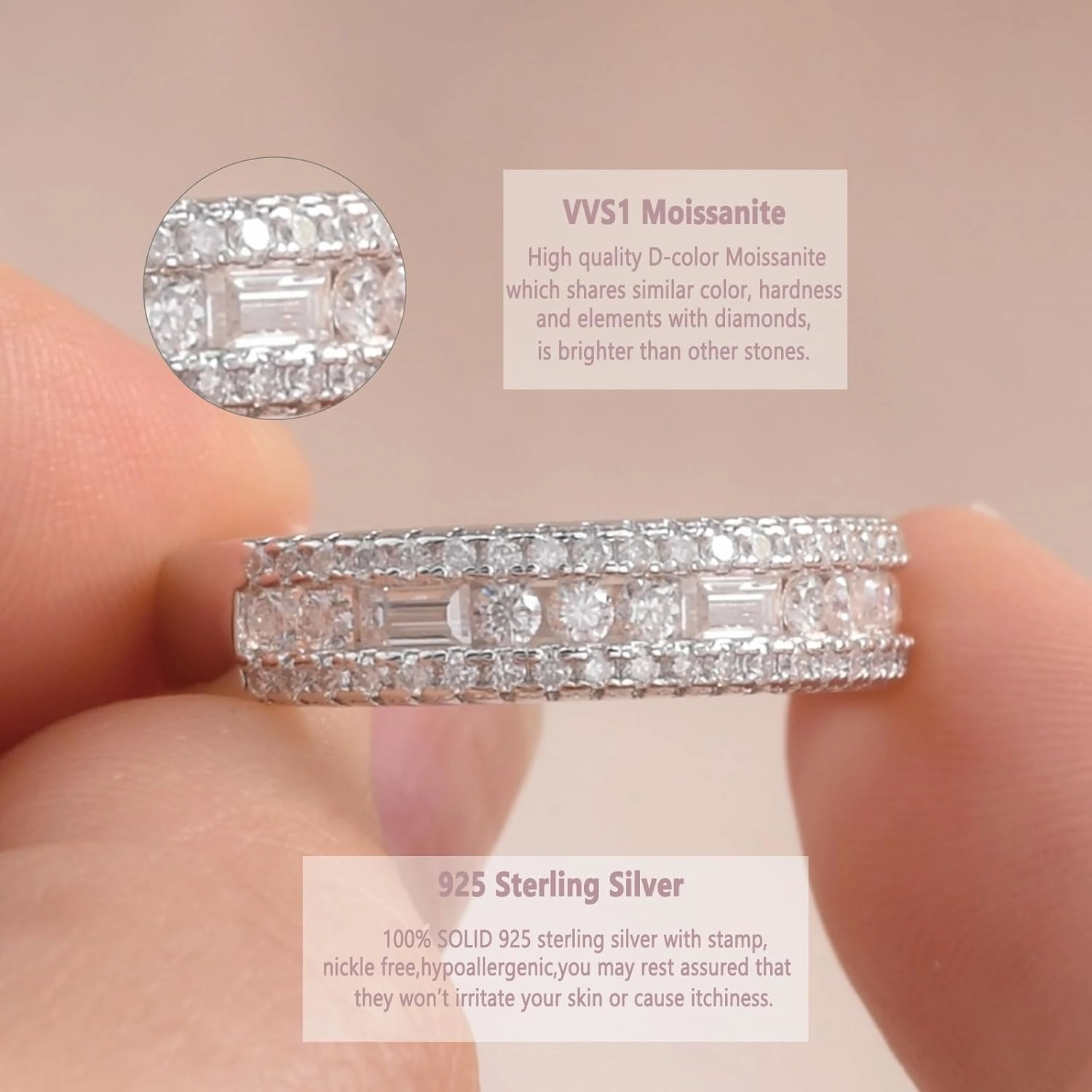 Newshe Jewellery Moissanite Rings for Women 925 Sterling Silver Wedding Bands Pave Emerald Eternity Band Ring Size 5-13